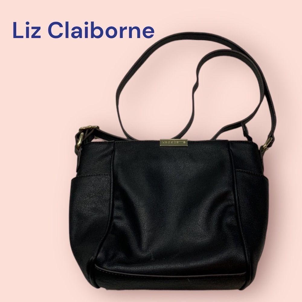 Liz Claiborne Black PU Vegan LEATHER Womens Crossbody Purse Gold Hardware Medium
